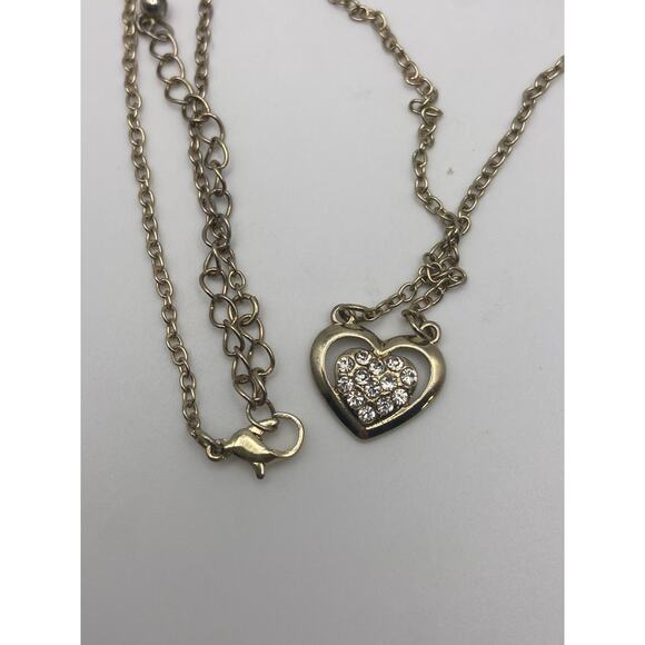 Gold Tone 2 Heart 1 Open 1 Rhinestone Classy Dainty Pendant Necklace - Picture 6 of 9